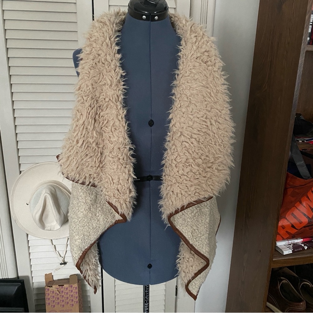 Faux Shearling Vest with Brown Leather Trim